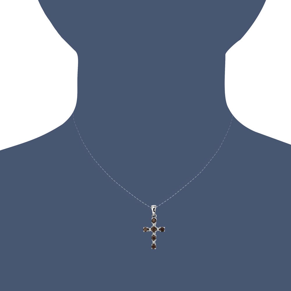 Sterling Silver Rhodium Smoky Quartz & Diamond Cross Pendant