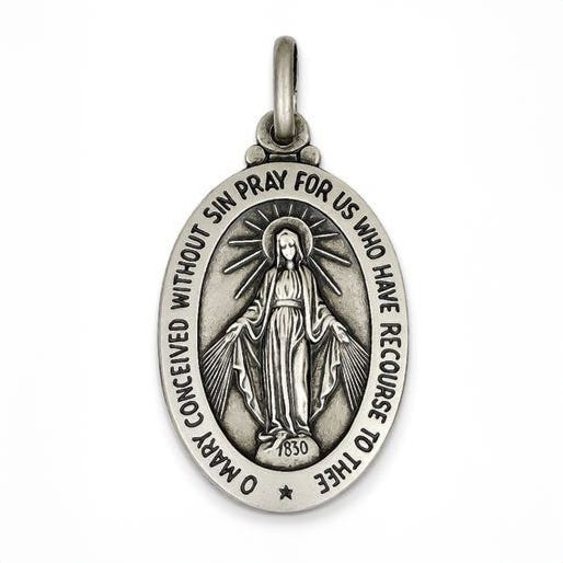 Sterling Silver Antiqued Miraculous Medal Pendant Charm
