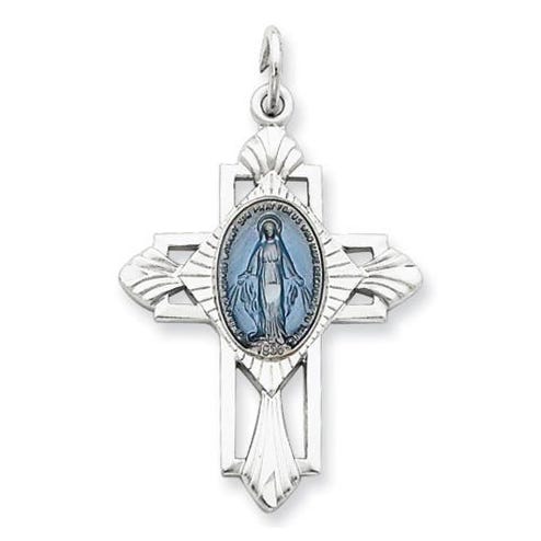 Sterling Silver Miraculous Religious Medal Cross Pendant w/ Epoxy Resin