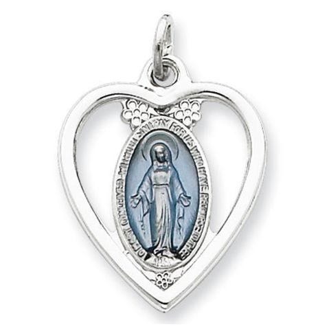 Sterling Silver Heart Shaped Cut-Out Miraculous Religious Medal Pendant w/ Epoxy Resin