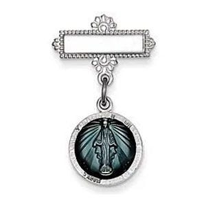 Sterling Silver Miraculous  Medal Baptismal Brooch with Aqua Enamel