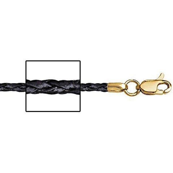 14K Yellow Gold 3mm Thick Black Genuine Leather Chain