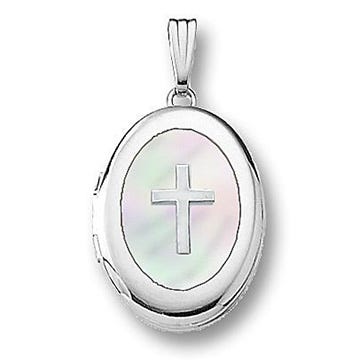 14k White Gold Mother of Pearl Cross Oval Photo Locket