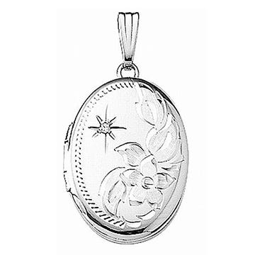 14k White Gold Engraved w/Diamond Oval Locket