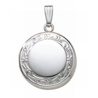 14k White Gold Floral Border Round Photo Locket