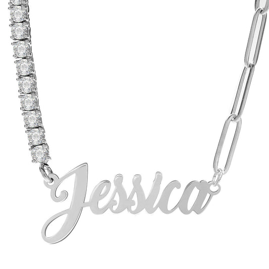 Half CZ Chain and Paper Clip Name Necklace