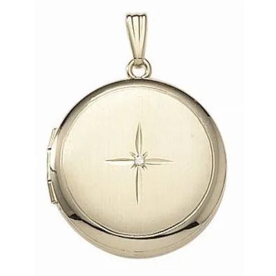 Solid 14k Yellow Gold Round Photo Locket with Diamond