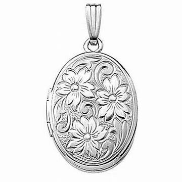14k White Gold Floral Oval Photo Locket