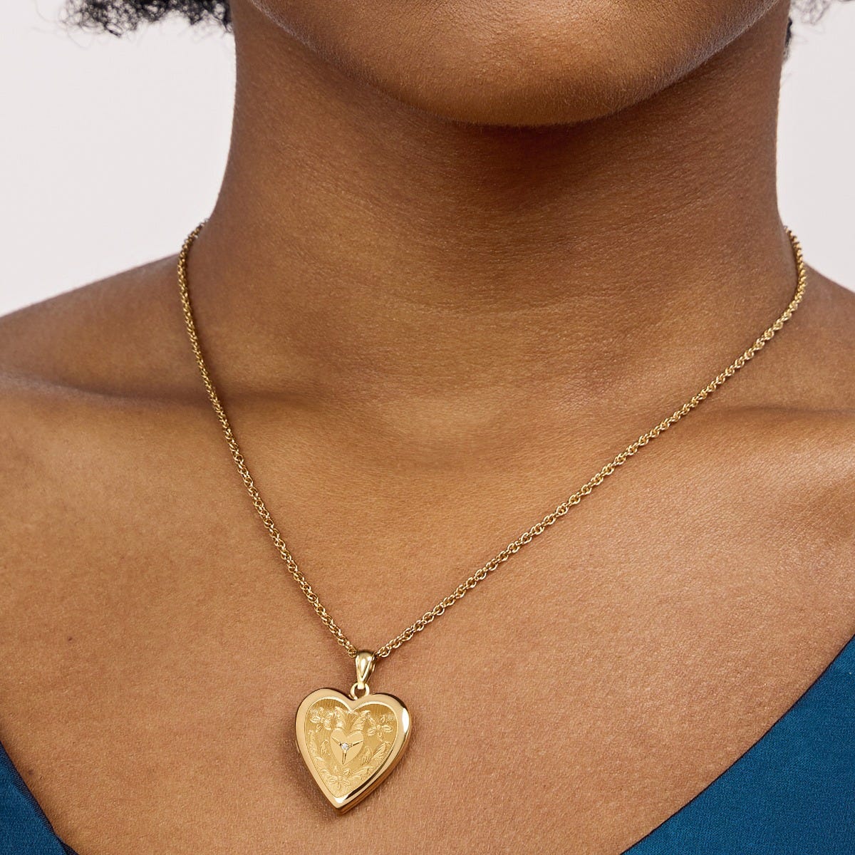 14K Gold Filled Floral Heart Photo Locket with Diamond