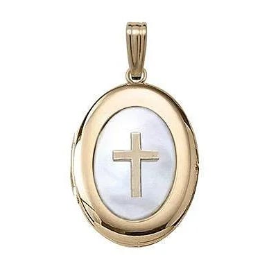 Solid 14K Yellow Gold Mother of Pearl Cross Oval Photo Locket