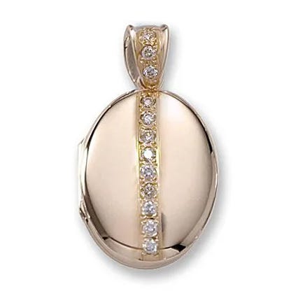 Solid 14k Yellow Gold Premium Weight Oval Photo Locket with Diamonds