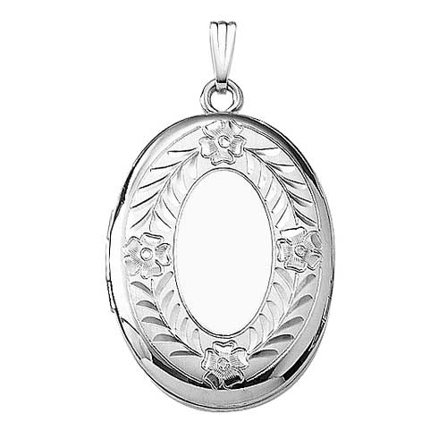 14k White Gold Floral Oval Photo Locket