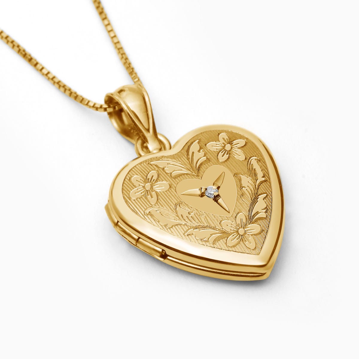 14K Gold Filled Floral Heart Photo Locket with Diamond