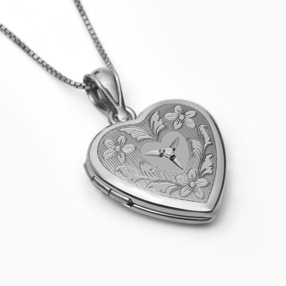 Sterling Silver Floral Heart Photo Locket with Diamond