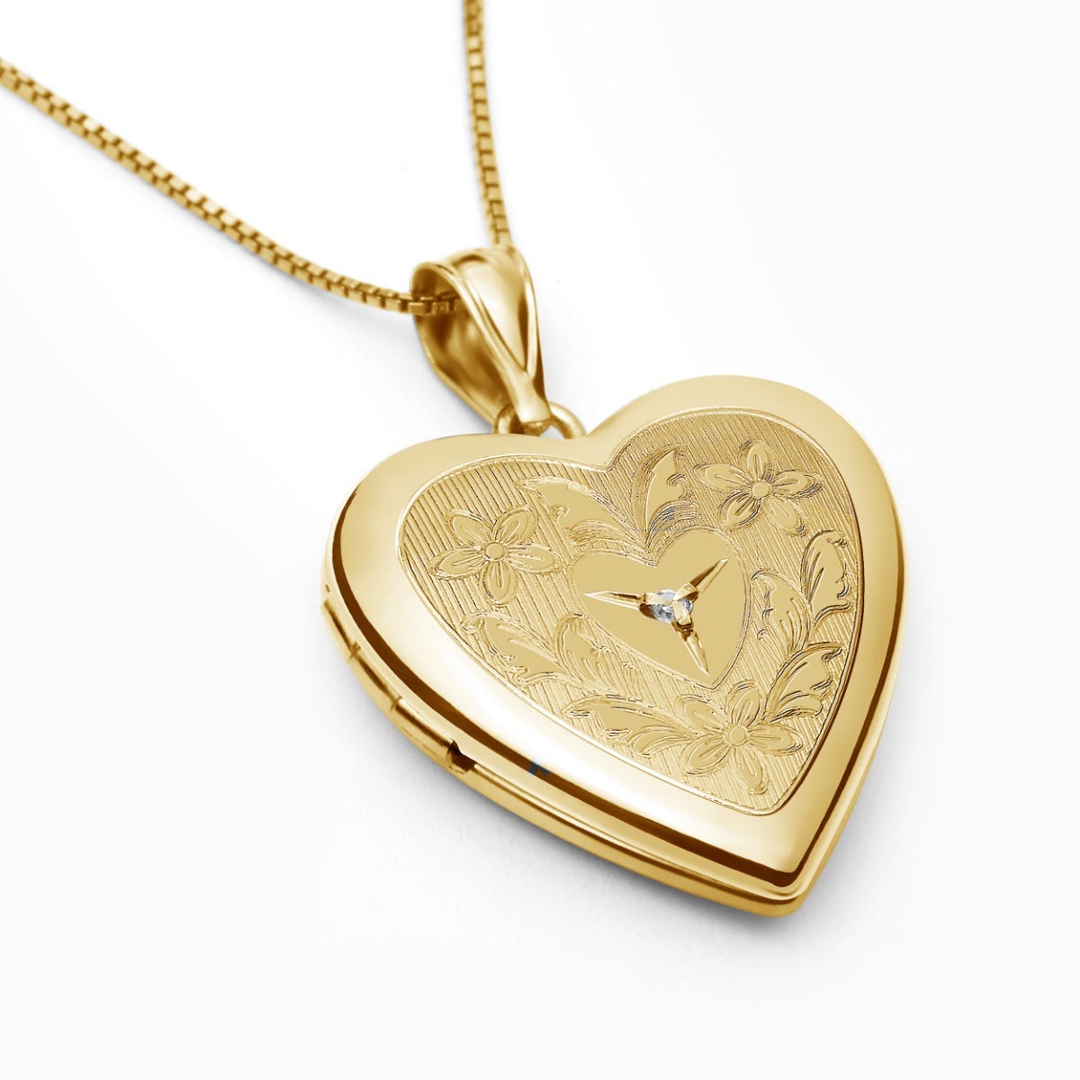 14K Gold Filled Floral Heart Photo Locket with Diamond