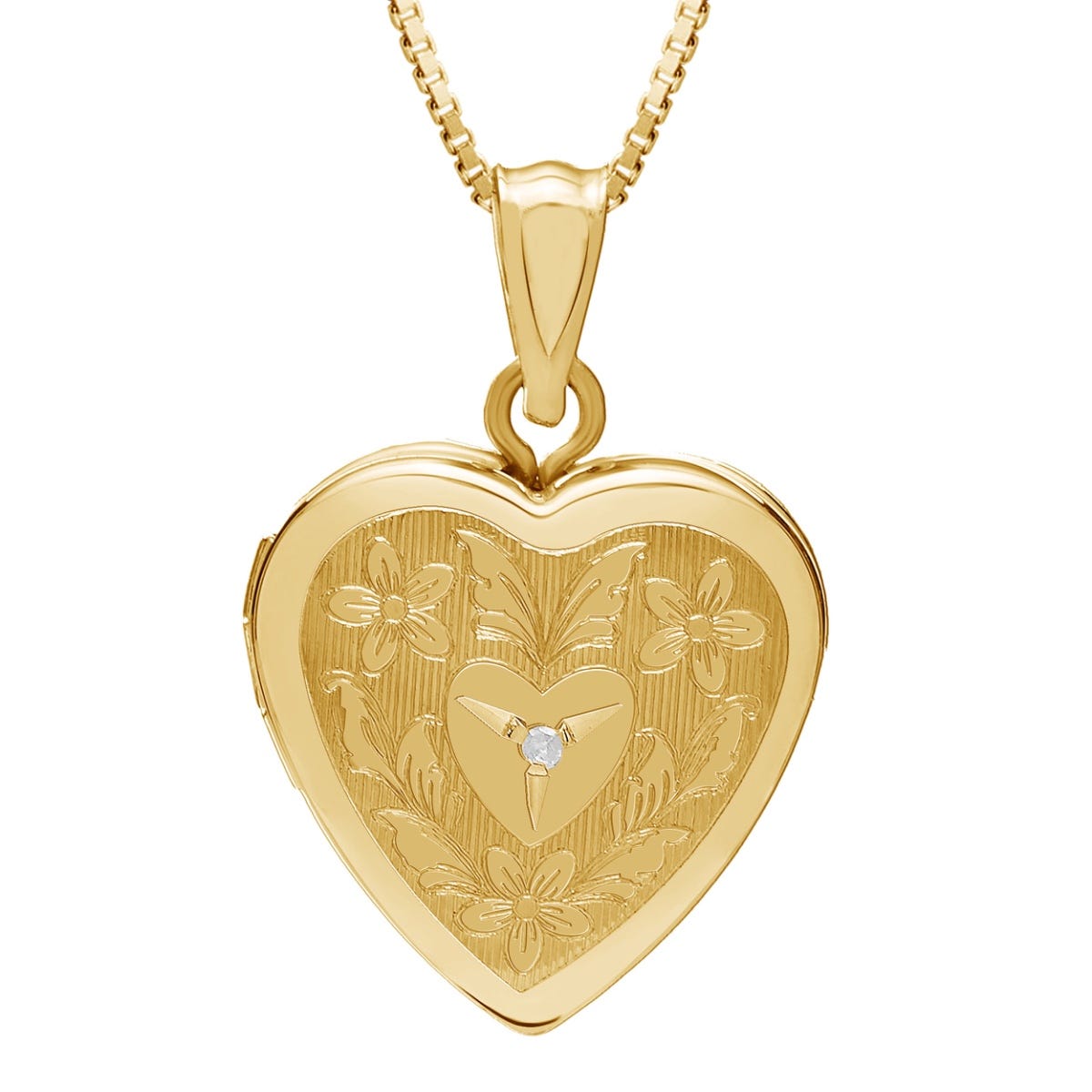 14K Gold Filled Floral Heart Photo Locket with Diamond