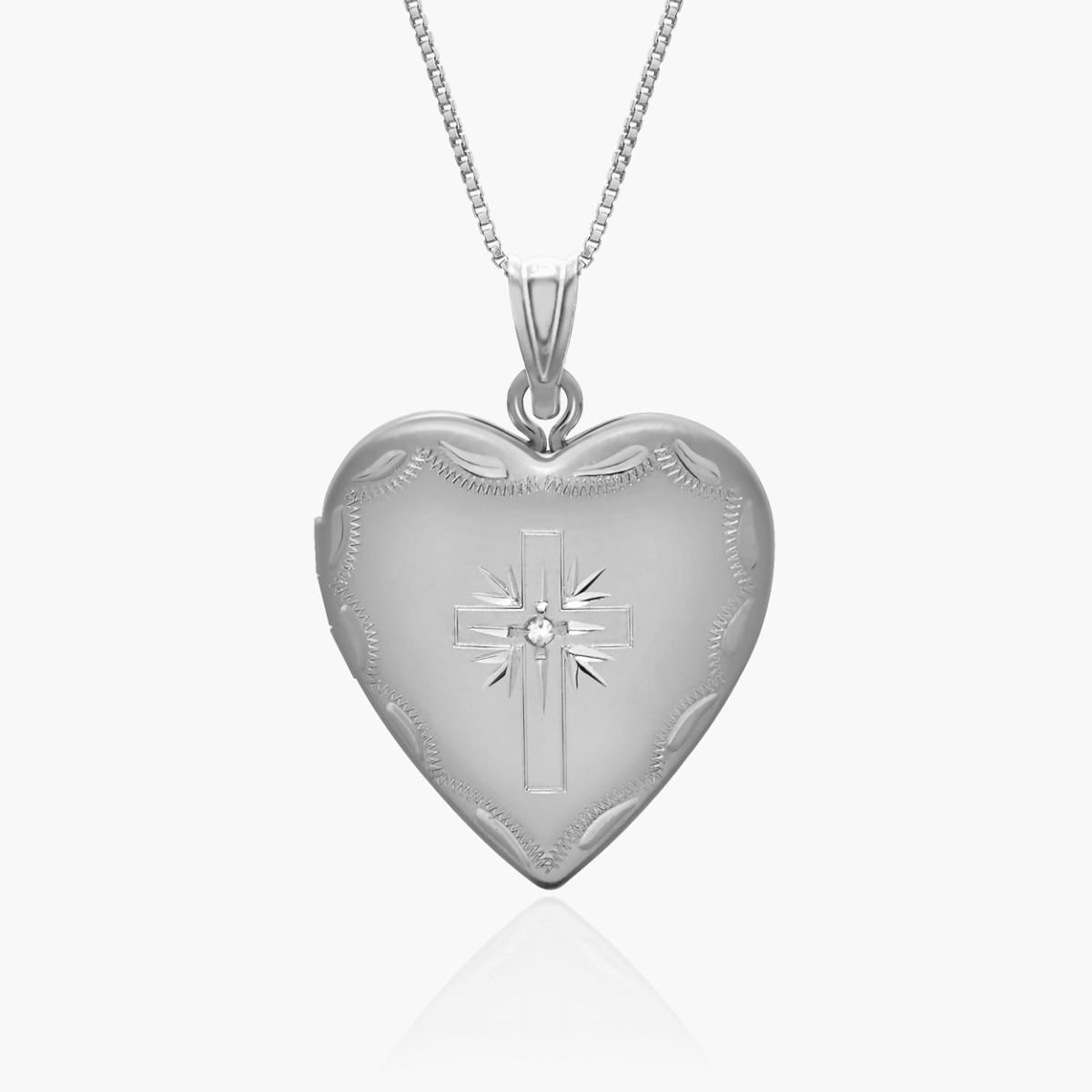 Sterling Silver Cross Heart Photo Locket with CZ