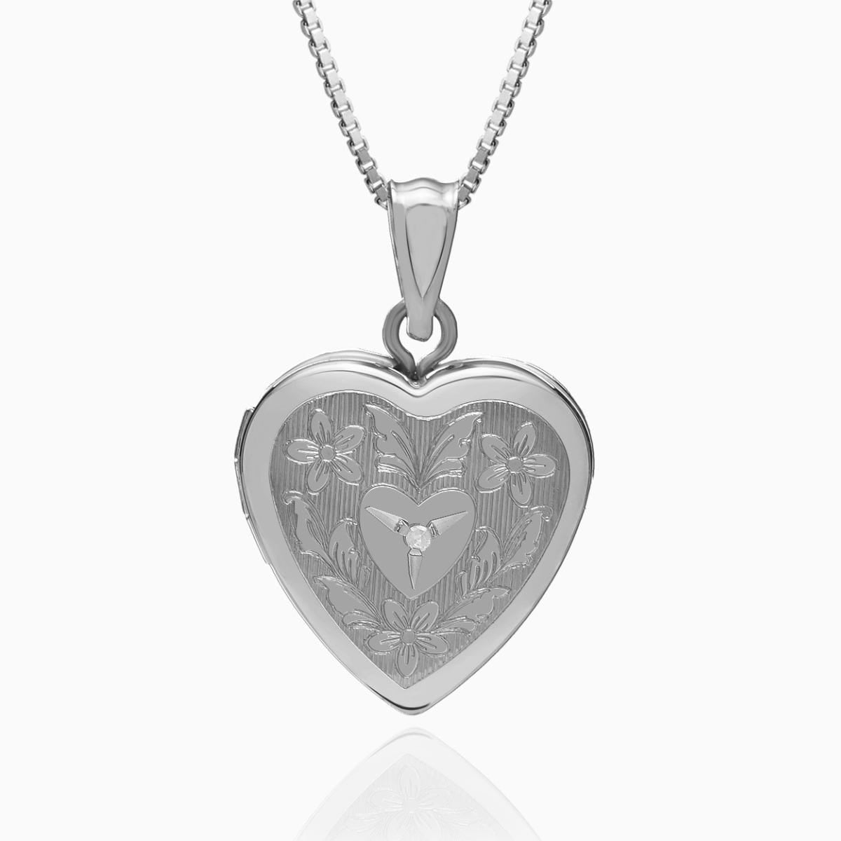 Sterling Silver Floral Heart Photo Locket with Diamond