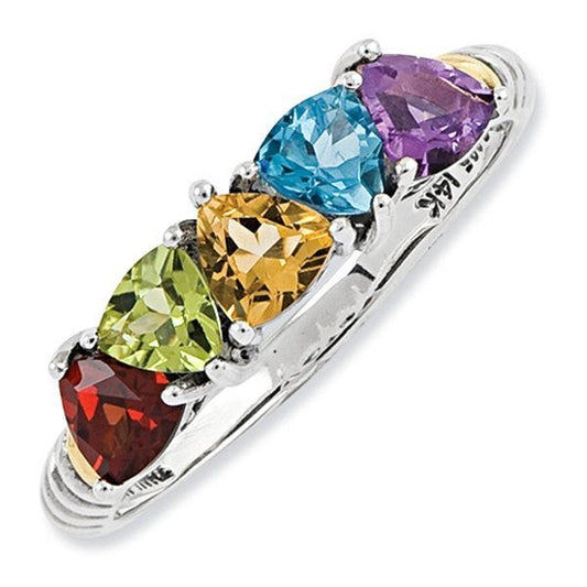 Sterling Silver & 14k Gold Antiqued Mother's Ring w/ Five Trillion Bir