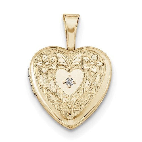 Gold Filled Baby Polished Heart Locket with w/ Diamond Center