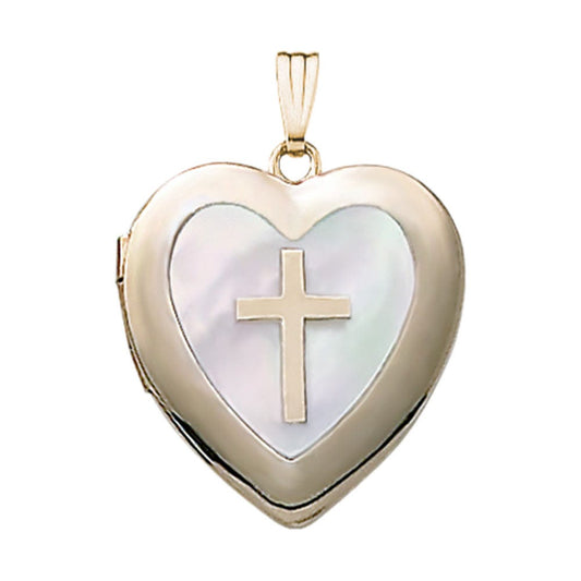 14k Yellow Gold Mother of Pearl & Cross Heart Photo Locket