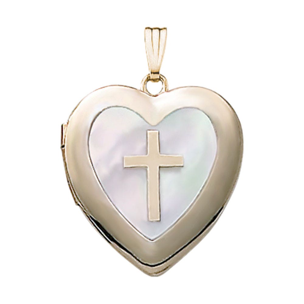 14k Yellow Gold Mother of Pearl & Cross Heart Photo Locket