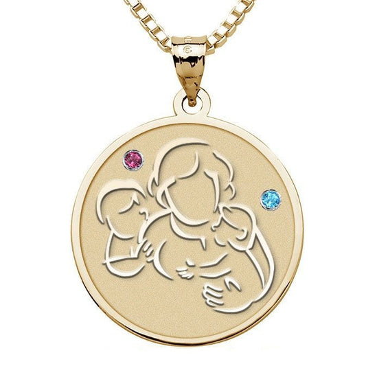 Mother with Son and Daughter - Round Pendant w/ Birthstones