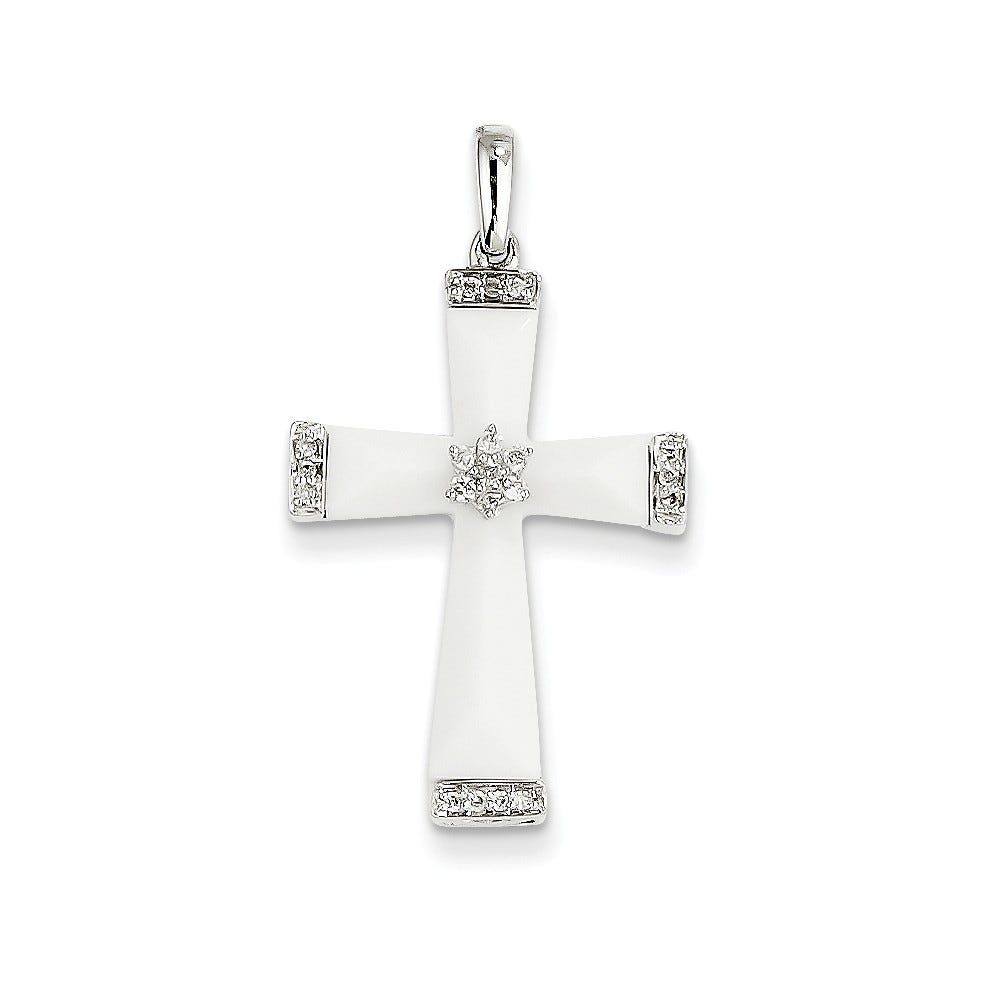 14K White Gold White Agate & Diamond Cross Pendant