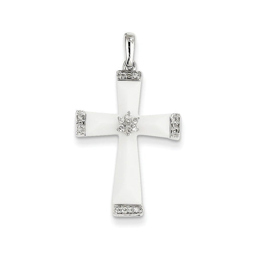 14K White Gold White Agate & Diamond Cross Pendant