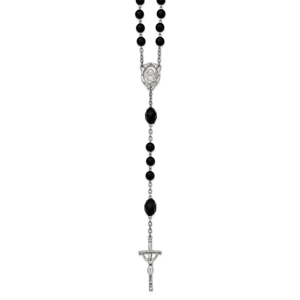 Silver-tone Black Acrylic & Glass Bead Rosary