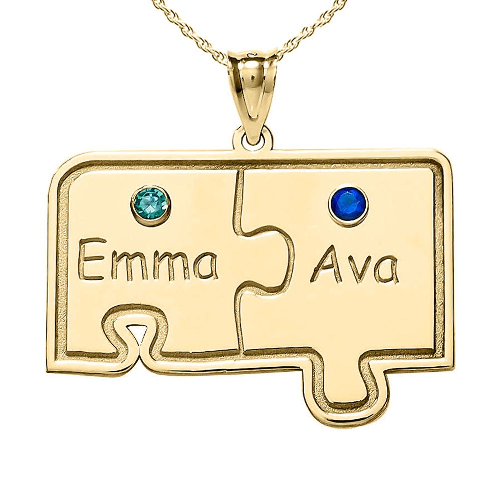 Personalized Family Two Piece Jigsaw Puzzle Pendant with Birthstones- Includes 18 Chain