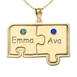 Personalized Family Two Piece Jigsaw Puzzle Pendant with Birthstones- Includes 18 Chain