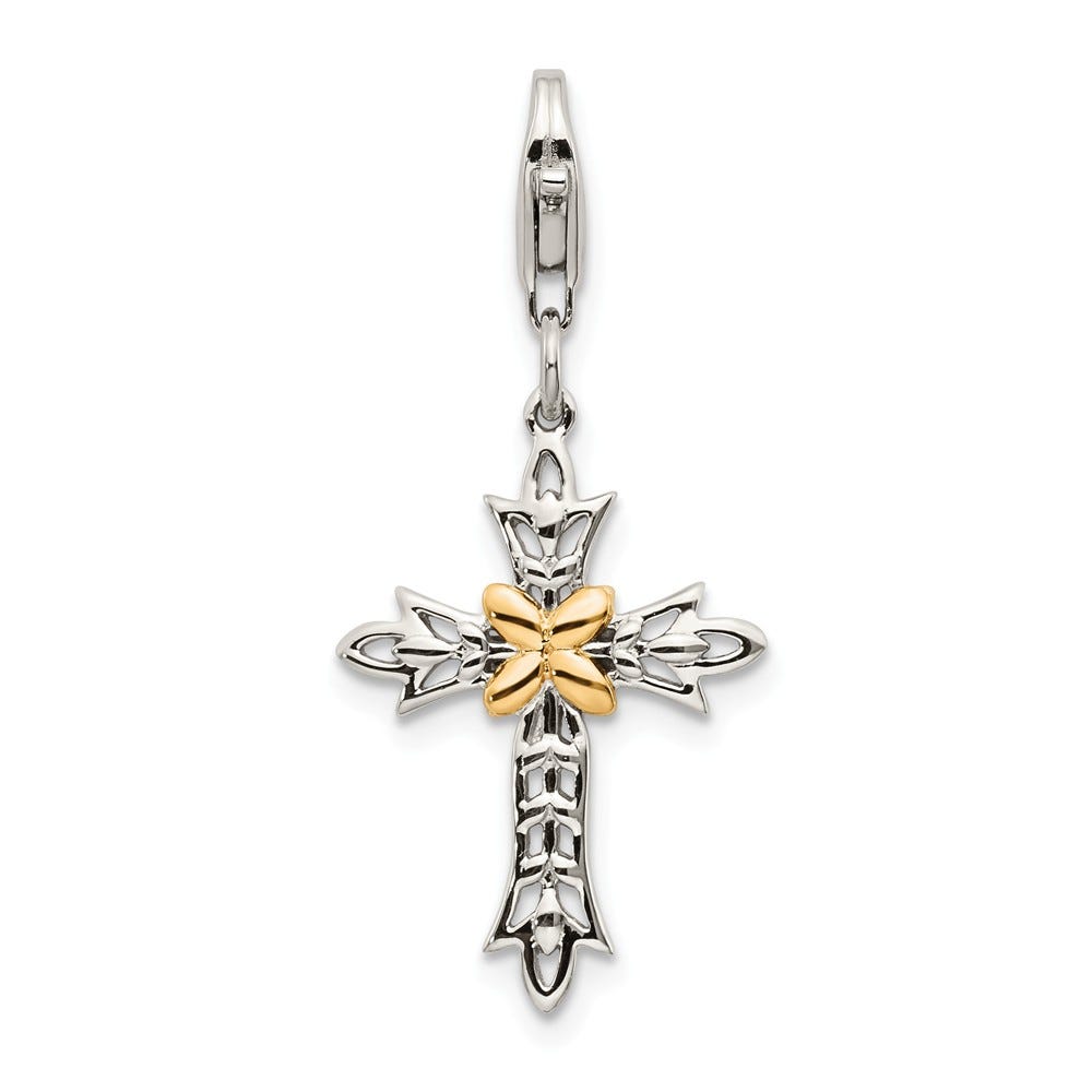 Sterling Silver w/14k 3-D Antiqued Cross w/Lobster Clasp Charm