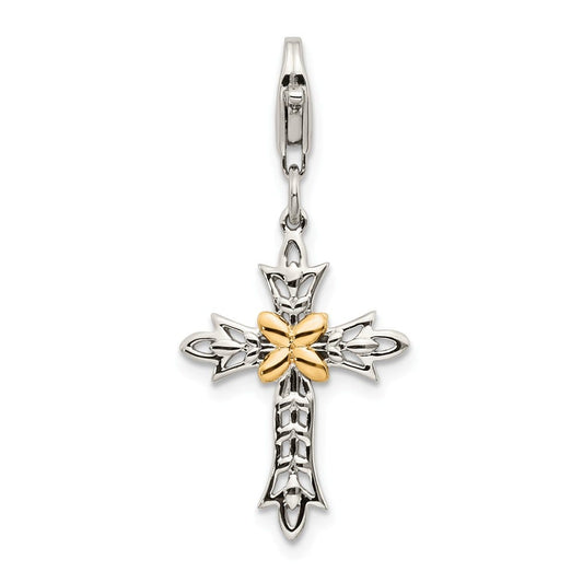 Sterling Silver w/14k 3-D Antiqued Cross w/Lobster Clasp Charm