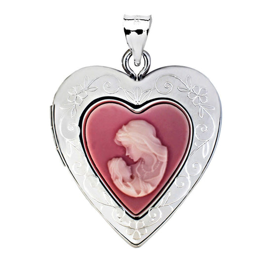 Sterling Silver Pink Mother & Child Cameo Heart Photo Locket