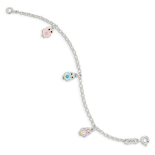 Sterling Silver Childrens Enameled Owl Charm Link Bracelet