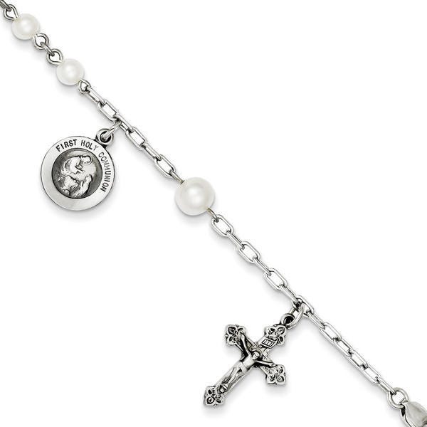 Sterling Silver  Cultured Pearl Rosary Bracelet /with First Holy Communion Medal - 7 Inch Sterling Silver Rosary Bracelet