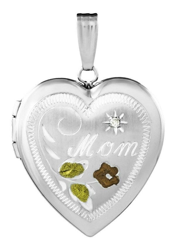 14k White Gold Mom Tri Color Heart Locket