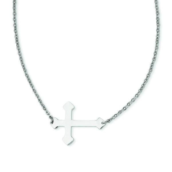 Stainless Steel Polished Sideways Cross 18in Necklace