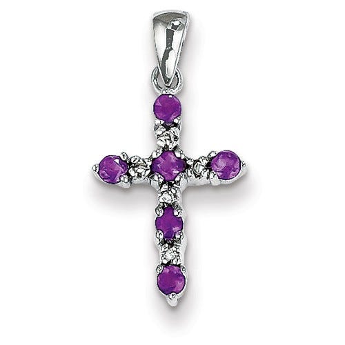 14k White Gold Amethyst & Diamond Cross Pendant