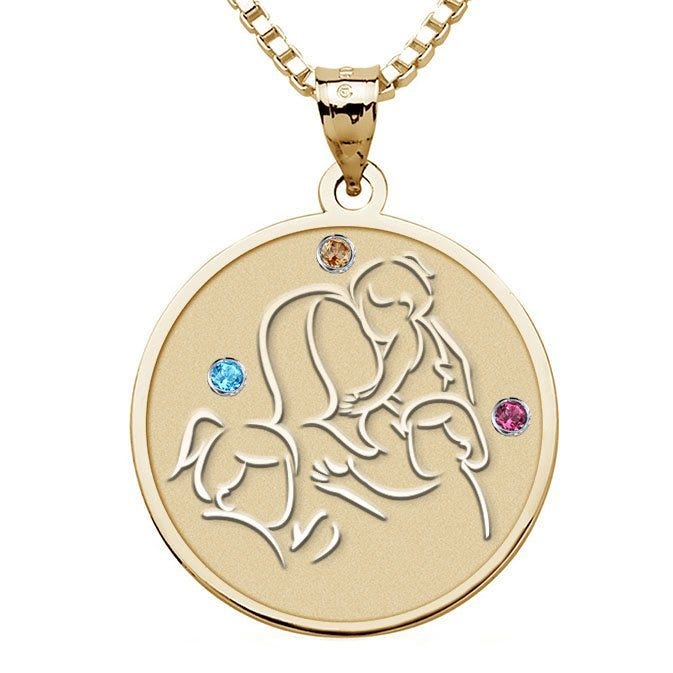 Mother with Three Daughters - Round Pendant with Birthstones
