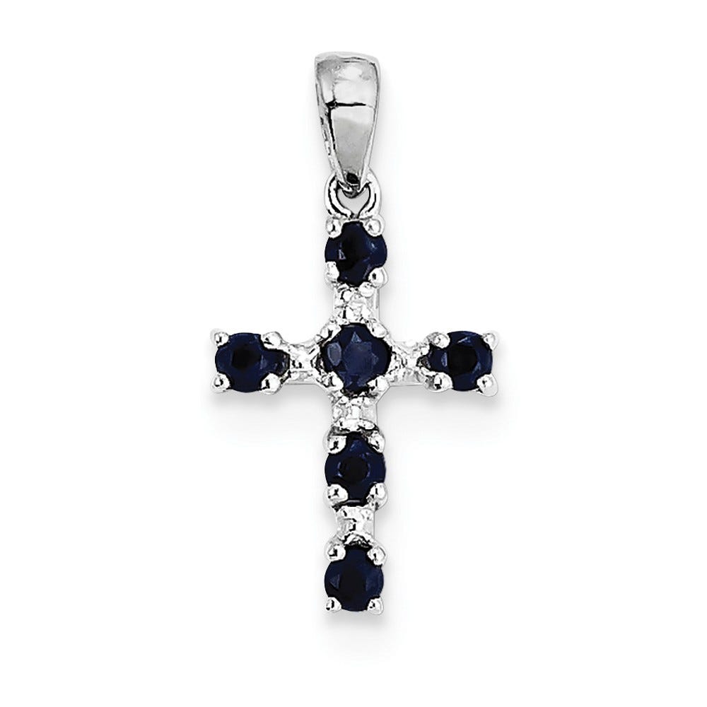 Sterling Silver Rhodium Dark Sapphire & Diamond Cross Pendant