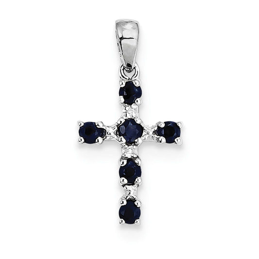 Sterling Silver Rhodium Dark Sapphire & Diamond Cross Pendant