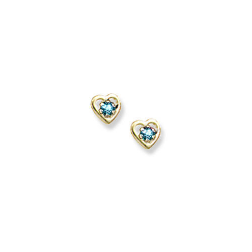 14K Yellow Gold Child's Genuine Aquamarine Birthstone Heart Earrings