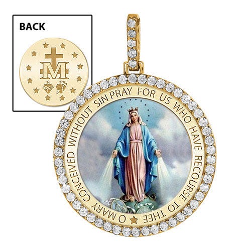 Large Miraculous Medal Diamond Round Religious Medal - "EXCLUSIVE"