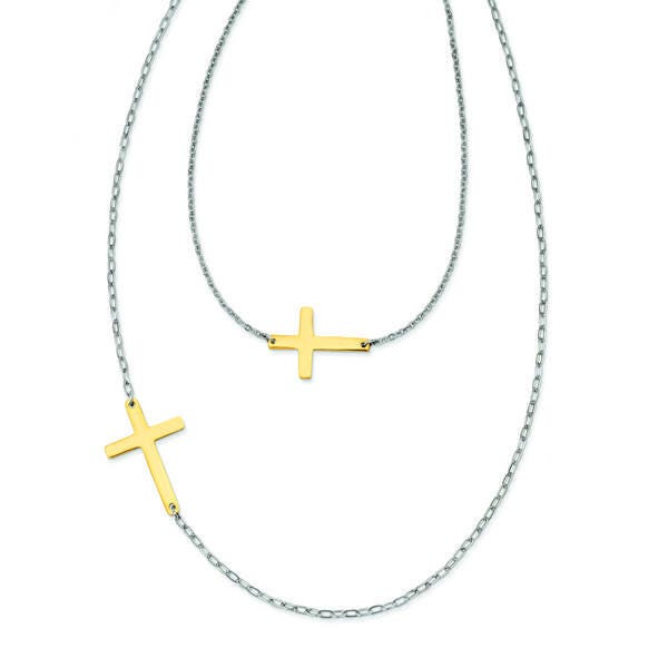 Yellow Plated Stainless Steel Double Sideways Cross Layered Necklace