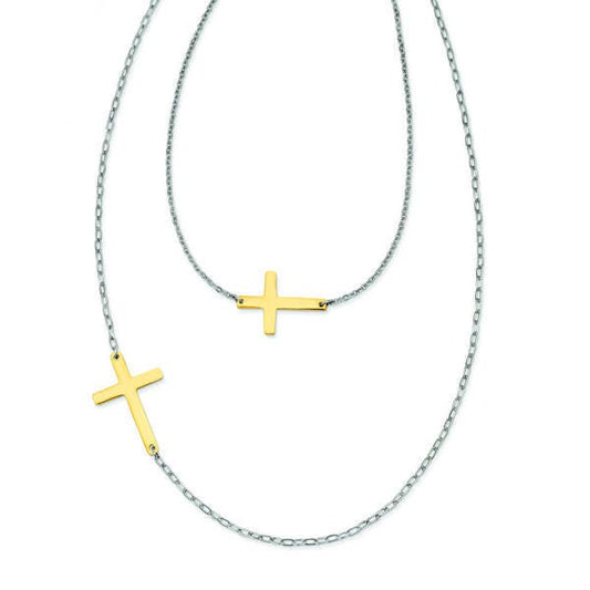 Yellow Plated Stainless Steel Double Sideways Cross Layered Necklace