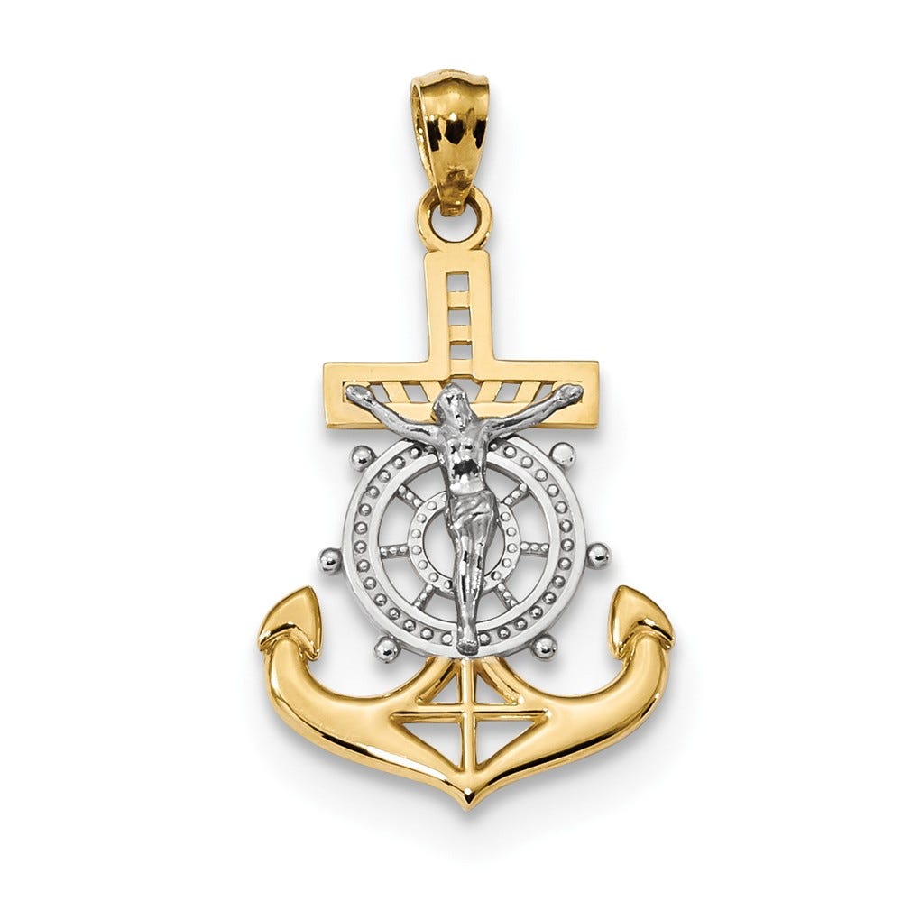 14k w/Rhodium Polished Mariners Crucifix Pendant
