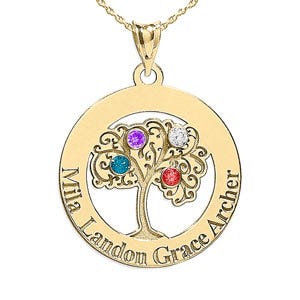 Personalized Family Tree Pendant with Four Names and Birthstones