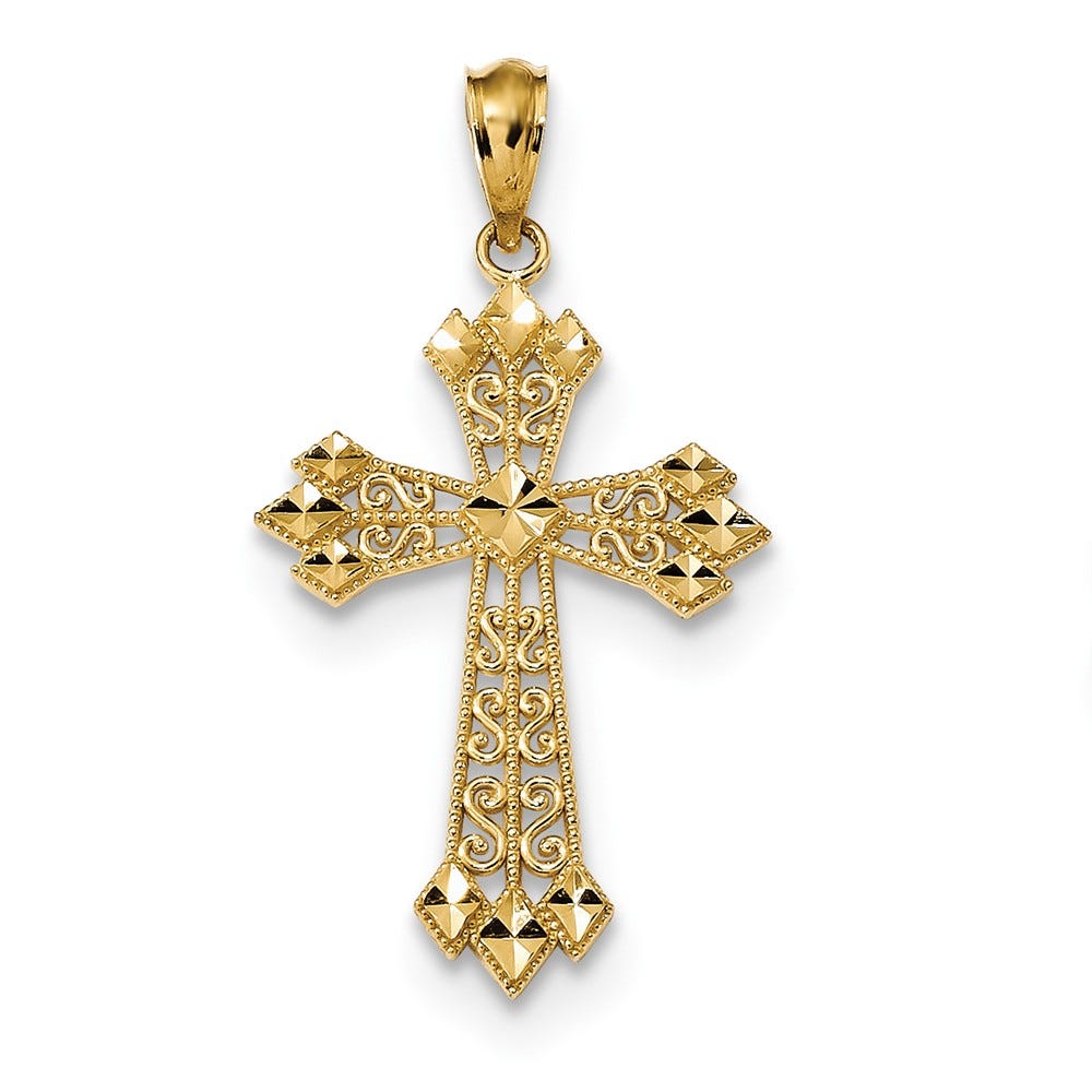 14k Diamond-cut Polished Filigree Cross Pendant